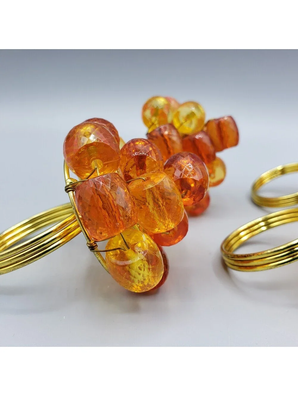 4 Orange Yellow Beaded Napkin Rings Faceted Gold Metal Wire Wrapped Spring